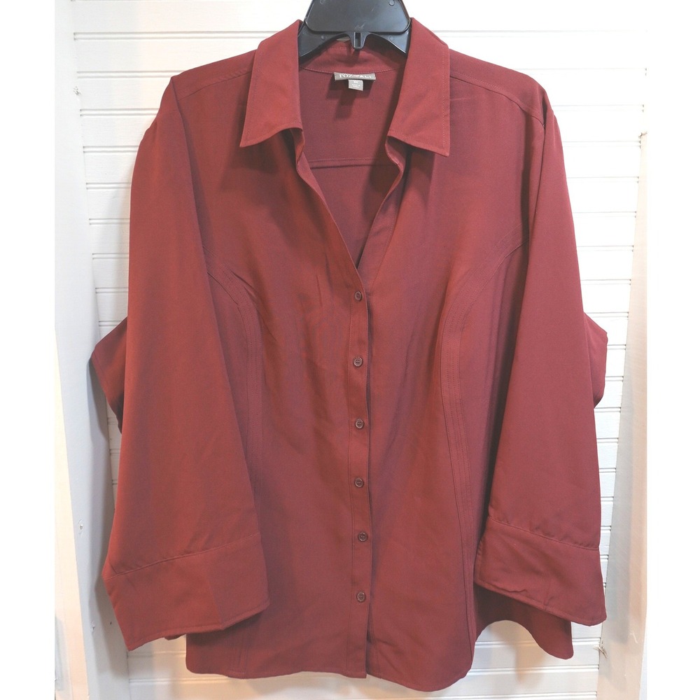 Roz & Ali Button Up Casual Top 3/4 Sleeve Stretch Burgundy Red Blouse Shirt